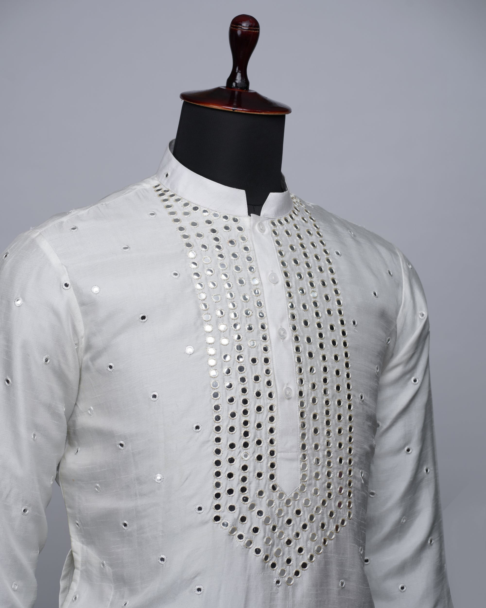 White Mirror Work Silk Kurta Set