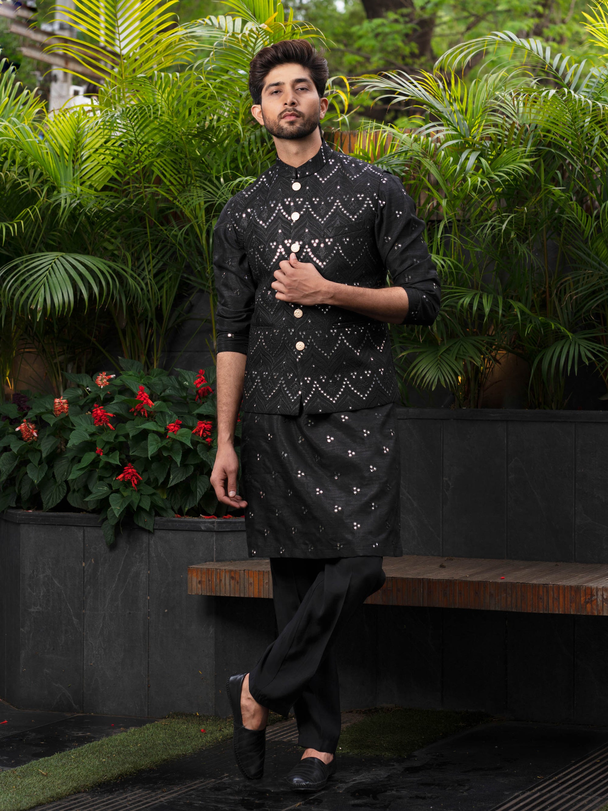 Black Silk Bundi Jacket With mirror work